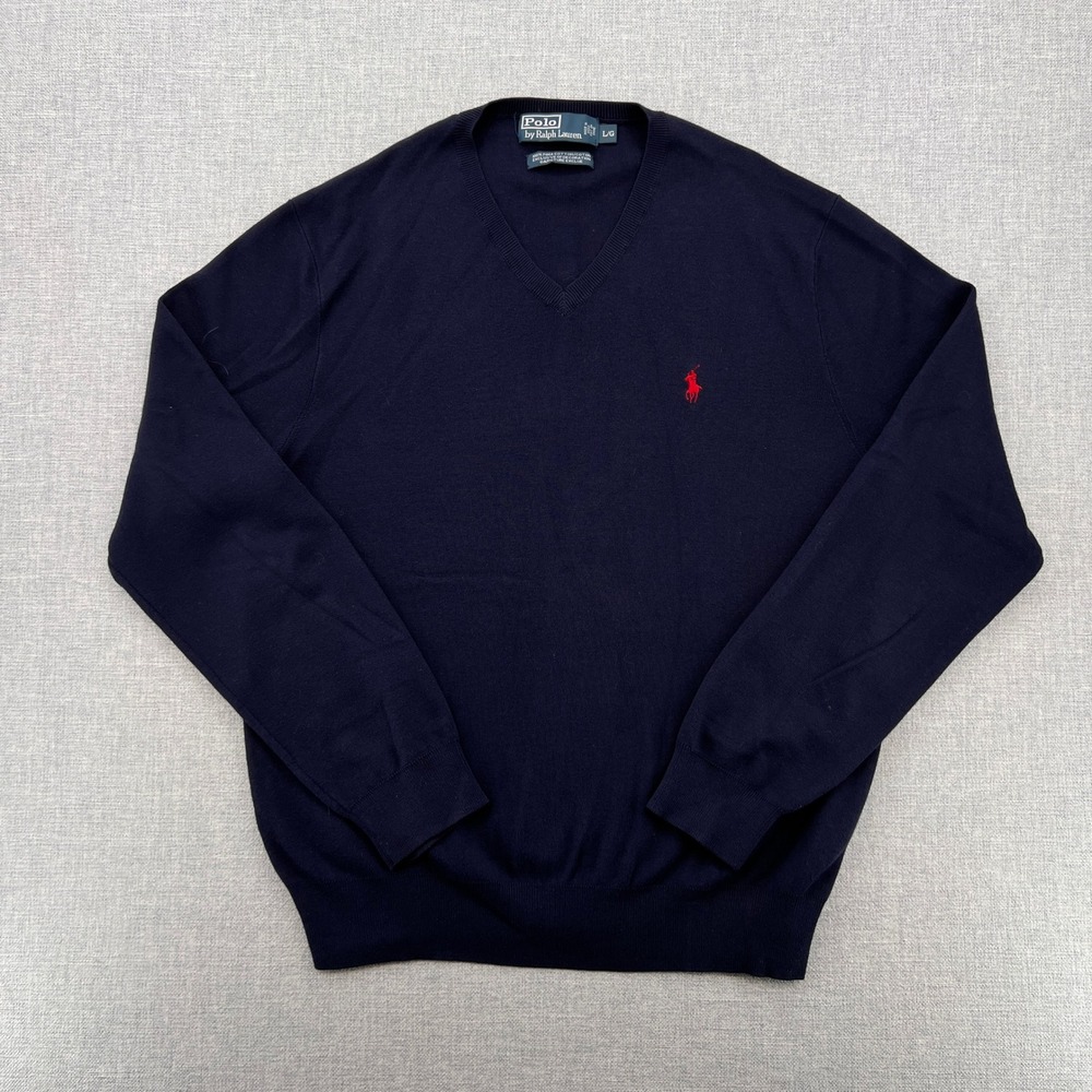 VTG Polo Ralph Lauren V Neck Sweater Men L Navy Pima Cotton Preppy Classic Ivy